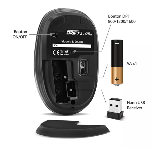 Souris ADVANCE Sans Fil DRIFT 2 1600dpi -Black